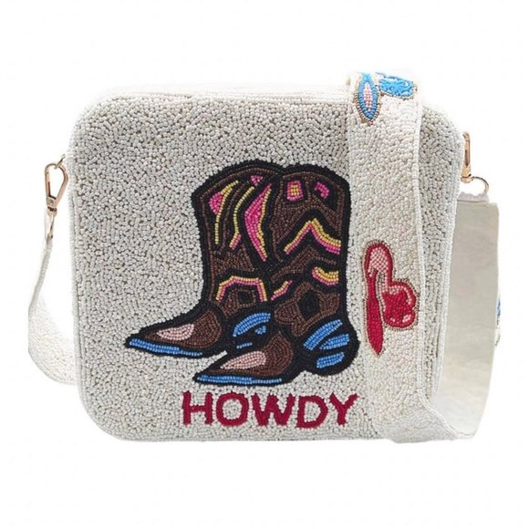 NEW HOWDY Cowboy Boots Country Western Beaded Crossbody Box Bag Handbag & Strap - Picture 2 of 4